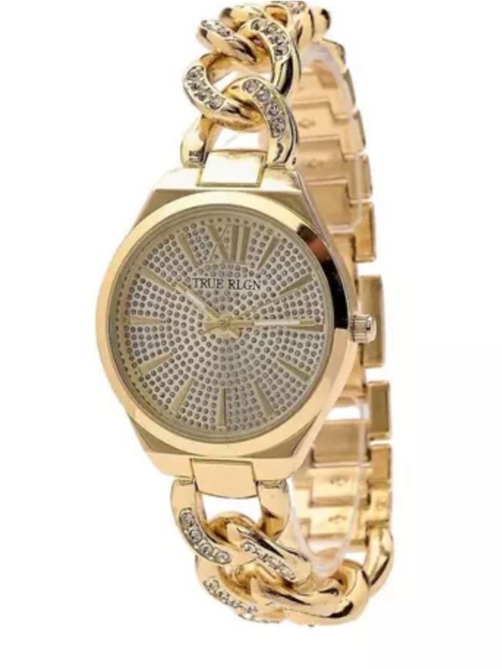 True Religion Iced link chain Gold Tone Crystal Accent Chain-Link Women's Watch